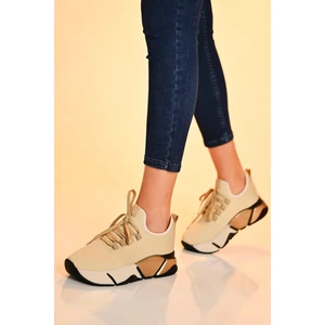 Günlük Bej-Multi Kadın Sneaker Bağcıklı Triko Esnek Hafif ve Kalın Tabanlı Yürüyüş Spor Ayakkabı