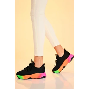 Günlük Siyah-Multi Kadın Sneaker Bağcıklı Triko Esnek Hafif ve Kalın Tabanlı Yürüyüş Spor Ayakkabı