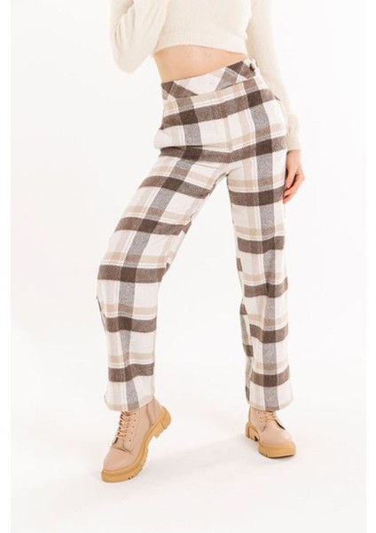 Ekose Kumaş Rahat Kalıp Kadın Pantolon-Bej fırsatları
