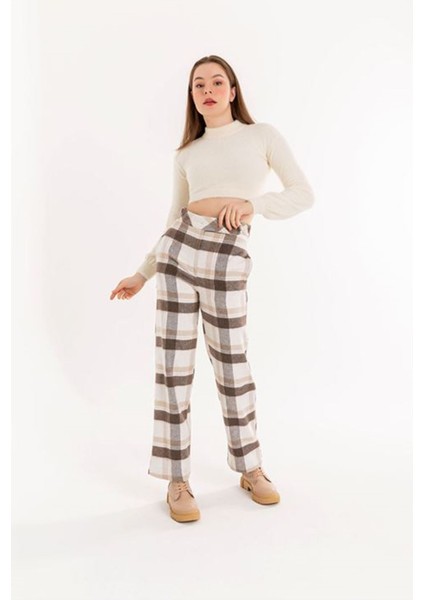 Ekose Kumaş Rahat Kalıp Kadın Pantolon-Bej indirimleri