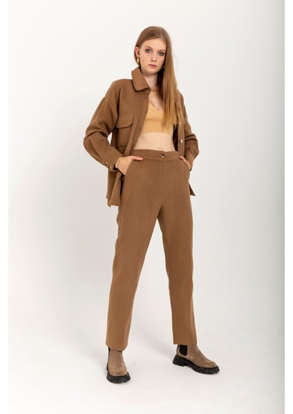 Kaşe Kumaş Uzun Boy Klasik Kadın Pantolon-Camel modelleri