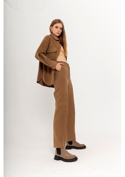 Kaşe Kumaş Uzun Boy Klasik Kadın Pantolon-Camel fırsatları
