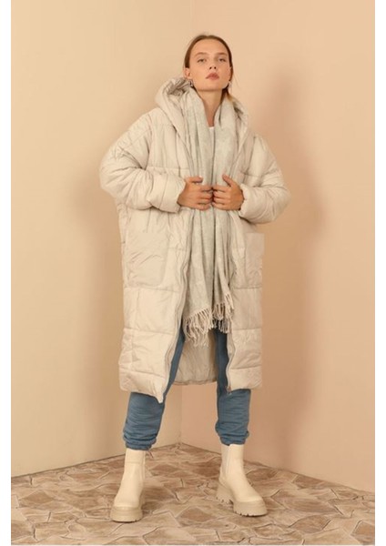 Kapitone Kumaş Uzun Kol Oversize/salaş Kadın Mont-Taş