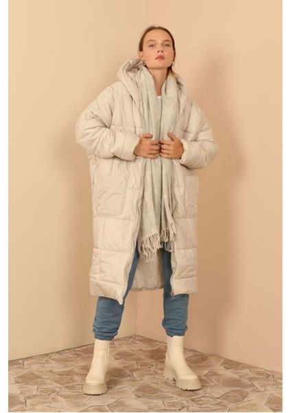 Kapitone Kumaş Uzun Kol Oversize/salaş Kadın Mont-Taş