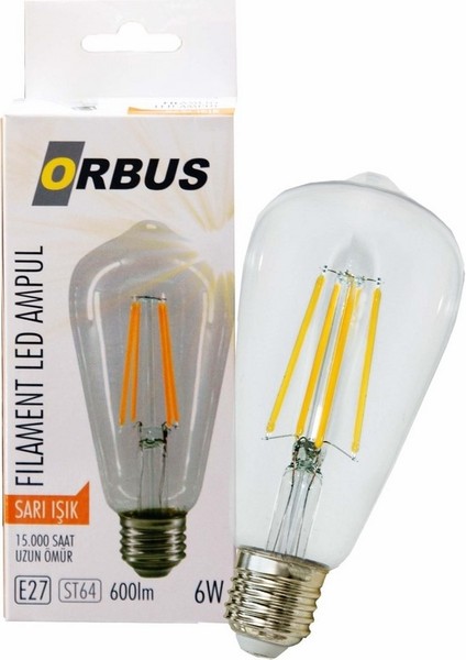 ST64 6W Filament Bulb Clear E27 600LM RA80 220- 240V/50Hz Ampul - 2700K Sarı Işık