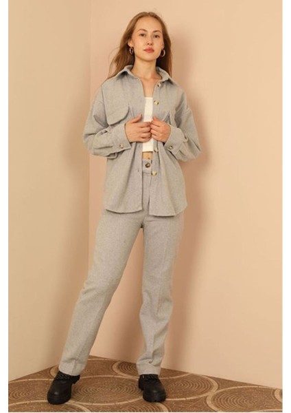 Kaşe Kumaş Uzun Boy Klasik Kadın Pantolon-Gri