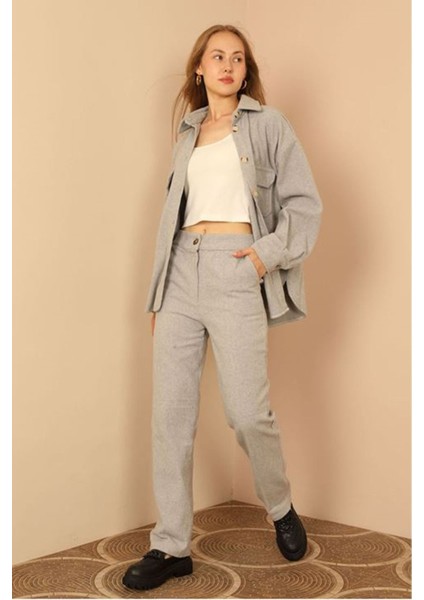 Kaşe Kumaş Uzun Boy Klasik Kadın Pantolon-Gri indirimleri