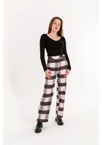 Ekose Kumaş Rahat Kalıp Kadın Pantolon-Gül Kurusu modelleri