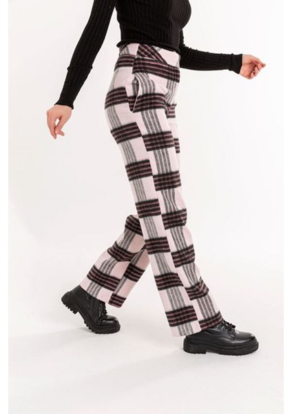 Ekose Kumaş Rahat Kalıp Kadın Pantolon-Gül Kurusu fırsatları