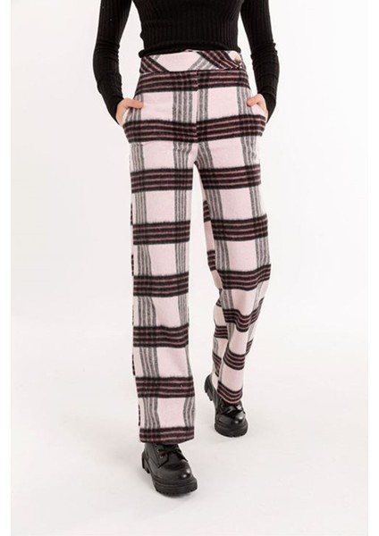 Ekose Kumaş Rahat Kalıp Kadın Pantolon-Gül Kurusu indirimleri