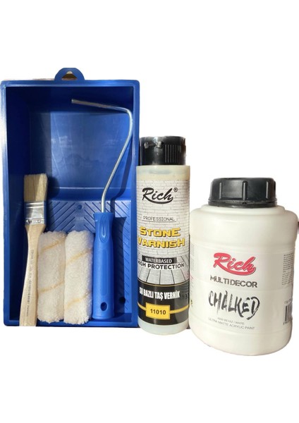 Multi Decor Chalked Fayans Boyama Seti 1250 cc Beyaz Taş Vernik 500 cc Boyama Rulo Seti ve Fırçası