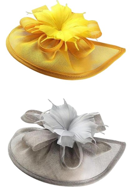 2x Mesh Fascinator Şapka Şapkası Kokteyl Çay Partisi Gelin Sarı Gri (Yurt Dışından)