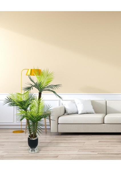Yapay Ağaç Areka Palmiye Metal Siyahgümüş Lüks Vazoda 3katlı 18YAPRAK 110CM Salon Çiçeği Yapay Çiçek