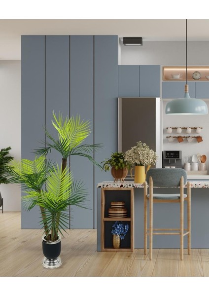 Yapay Ağaç Areka Palmiye Metal Siyahgümüş Lüks Vazoda 3katlı 18YAPRAK 110CM Salon Çiçeği Yapay Çiçek