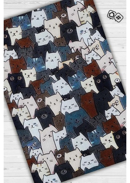 Kedi Yüzleri Mavi Renkli Halı Minimal Genç Odası Halısı Kedili Çocuk Odası Halısı