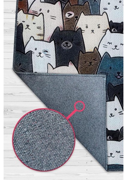 Kedi Yüzleri Mavi Renkli Halı Minimal Genç Odası Halısı Kedili Çocuk Odası Halısı