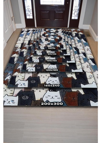 Kedi Yüzleri Mavi Renkli Halı Minimal Genç Odası Halısı Kedili Çocuk Odası Halısı