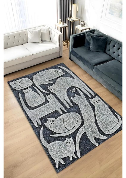 Mutlu Kediler Gri Renkli Kedi Sever Halısı Minimal Tarzlı Genç Odası HalısıModern Halı
