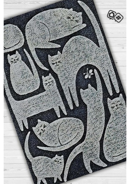 Mutlu Kediler Gri Renkli Kedi Sever Halısı Minimal Tarzlı Genç Odası HalısıModern Halı