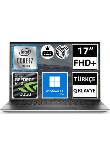 Xps 17 9720 XPS179720ADLP1100 I7-12700H 16GB 512SSD RTX3050 17" Fullhd+ W11P Taşınabilir Bilgisayar