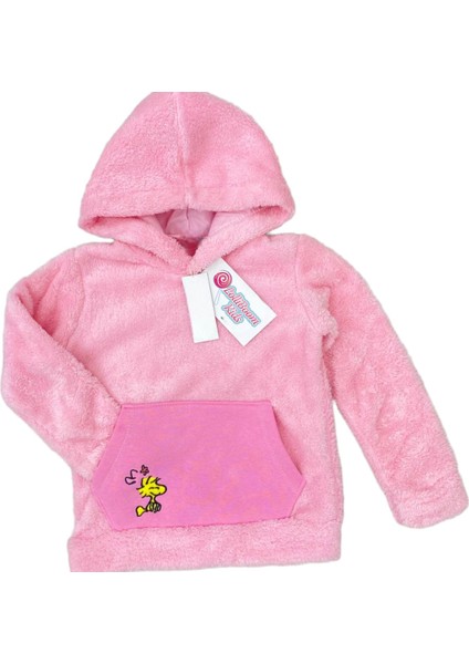 Kız Erkek Çocuk Mavi Pembe Renk Snoopy Nakış Işlemeli Kapüşonlu Kanguru Cepli Sweatshirt