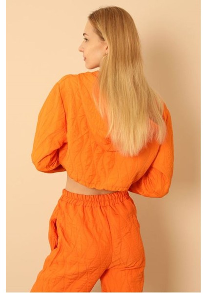 Jakar Kumaş Kapüşonlu Soğan Desen Kadın Crop Sweat-Oranj fırsatları