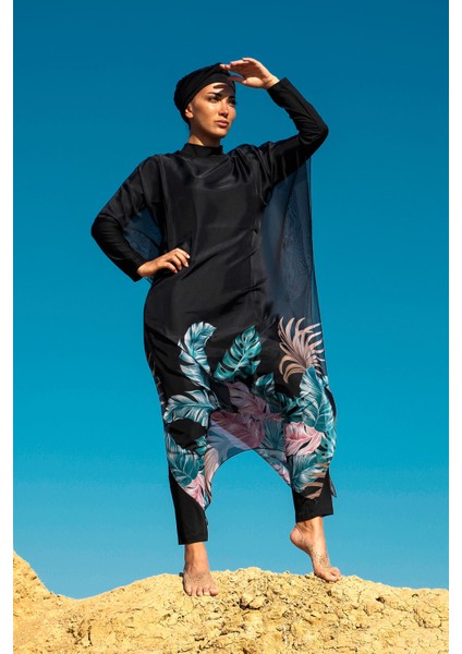 Siyah Kadın Tesettür Mayo Üzerine Kaftan Kimono Pareo P2203