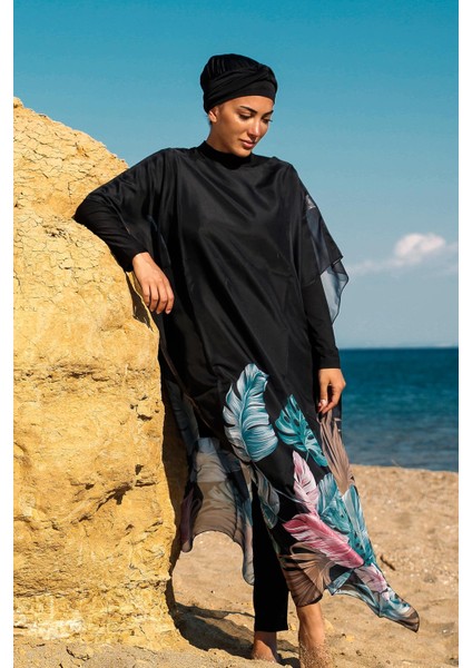 Siyah Kadın Tesettür Mayo Üzerine Kaftan Kimono Pareo P2203 fiyatları