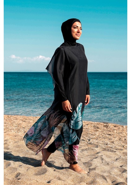 Siyah Kadın Tesettür Mayo Üzerine Kaftan Kimono Pareo P2203 modelleri