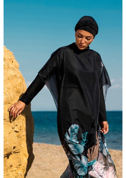 Siyah Kadın Tesettür Mayo Üzerine Kaftan Kimono Pareo P2203 fırsatları
