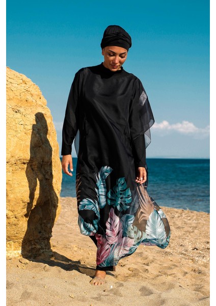 Siyah Kadın Tesettür Mayo Üzerine Kaftan Kimono Pareo P2203 indirimleri