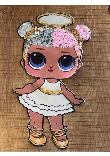 23X13 cm Pul Payetli Beyaz Elbiseli Lol Bebek Aplike Arma Yama Dikiş
