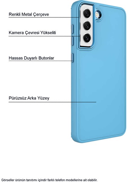 Kzy Samsung Galaxy M32 Kapak Renkli Metal Kamera Çerçeveli First Class Içi Kadife Lasnman Kılıf - Mavi