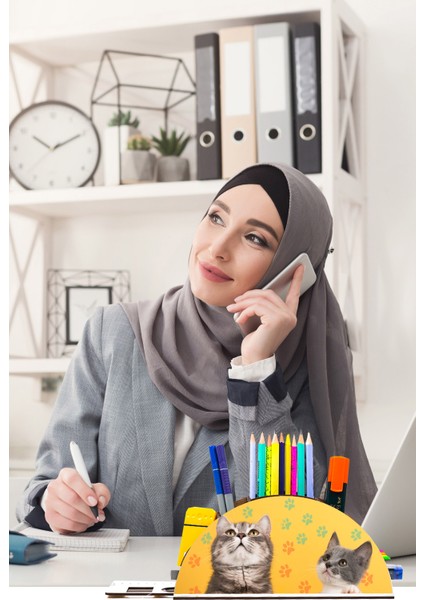Ahşap Sevimli Kediler Gökkuşağı Cetvelli Masaüstü Kalemlik Kutu Çocuklar Için Organizer NOTPAGK126