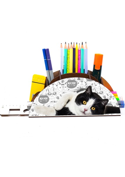 Ahşap Siyah Beyaz Kedi Gökkuşağı Cetvelli Masaüstü Kalemlik Kutu Çocuklar Için Organizer NOTPAGK125