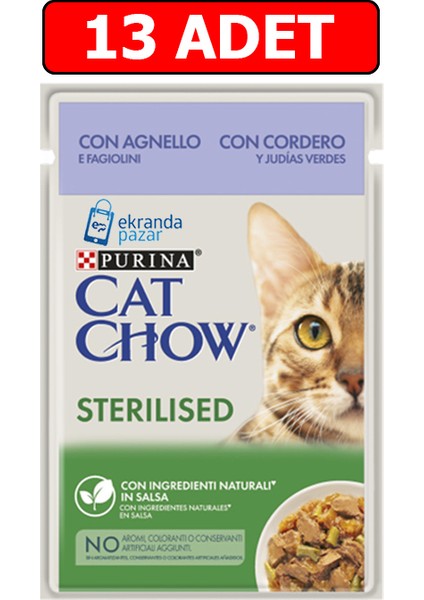 Sterilised Kuzu Etli ve Yeşil Fasulyeli Kısırlaştırılmış Kedi Yaş Maması 85GR 13 Adet Pouch