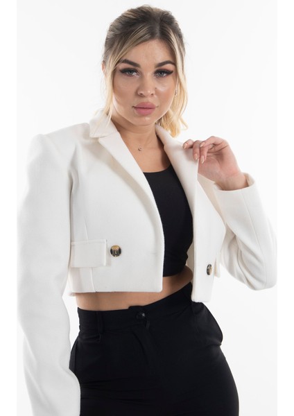 Ekru Kruvaze Yaka Kaşe Crop Astarlı Blazer Ceket 0105125.147