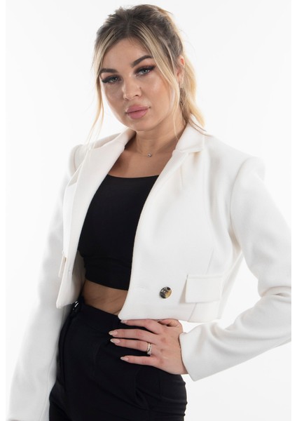 Ekru Kruvaze Yaka Kaşe Crop Astarlı Blazer Ceket 0105125.147 fırsatları