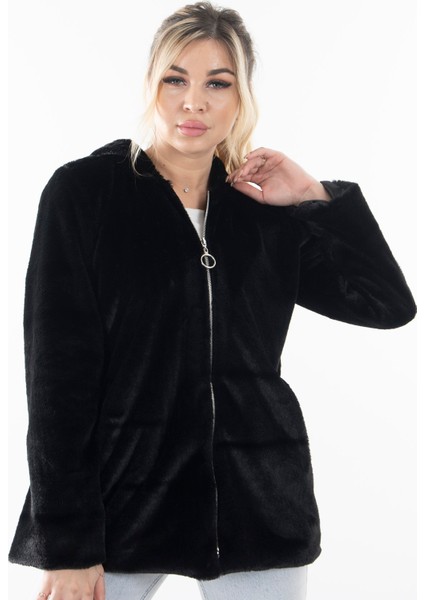 Siyah Fermuarlı Oversize Kapüşonlu Çift Cepli Peluş Mont 0108078.0110 fiyatları