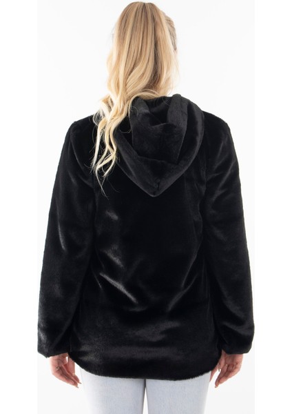 Siyah Fermuarlı Oversize Kapüşonlu Çift Cepli Peluş Mont 0108078.0110 fırsatları