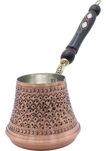 Otantik El Işlemeli Bakır Cezve Ahşap Saplı Orta Boy
