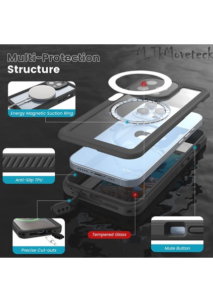 Iphone 13 Pro Uyumlu Kılıf 360 Derece Tam Kaplama Waterproff Su Geçirmez Magsefe Destekli Silikon Kapak Zırh Tank Casse Military 1-1 Arkası Şeffaf