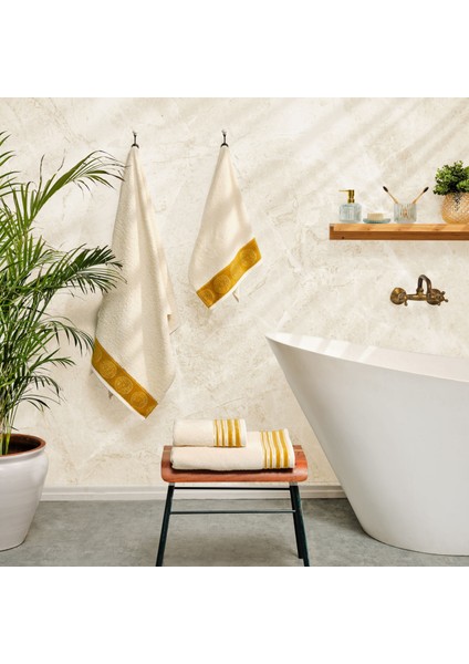 Minka Sonil %100 Pamuk Banyo/Yüz Havlusu Hamam Seti Off White Gold