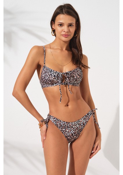 Blake Büzgülü Önden Bağlamalı Bikini Takım Leopar 231226-D