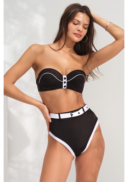 Boş Kaplı Balenli Yüksek Bel Kemerli Straplez Bikini Takım Siyah&beyaz 231203