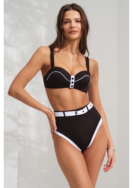 Boş Kaplı Balenli Yüksek Bel Kemerli Straplez Bikini Takım Siyah&beyaz 231203 modelleri