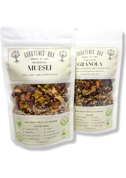 Bol Kuru Meyveli ve Çekirdekli Vegan Şekersiz Granola ve Müsli 2 x 240 gr Kahvaltılık Gevrek Seti Sağlıklı Kahvaltı Beslenme Yüksek Lif Protein Kaynağı Vegan Şekersiz