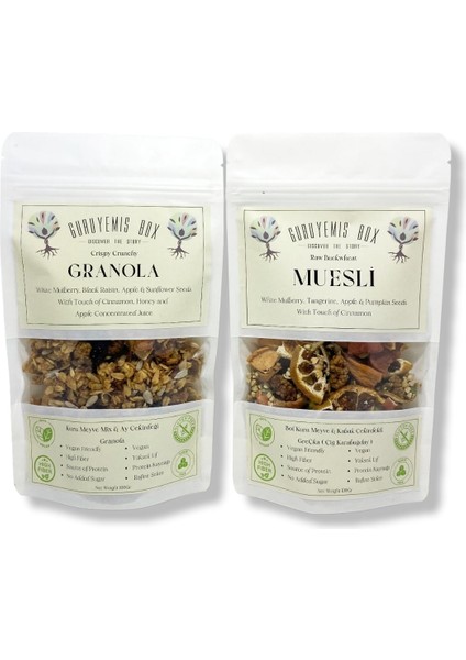 Granola ve Müsli Kuru Meyveli ve Çekirdekli Vegan Şekersiz Protein ve Lif Kaynağı 2 x 100 gr Kahvaltılık Gevrek Seti Sağlıklı Kahvaltı Beslenme Yüksek Lif Protein Kaynağı Vegan Şekersiz