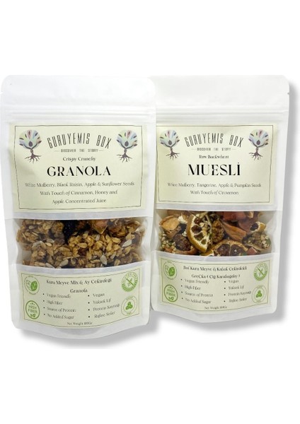 Granola ve Müsli Kuru Meyveli ve Çekirdekli Vegan Şekersiz Protein ve Lif Kaynağı 2 x 100 gr Kahvaltılık Gevrek Seti Sağlıklı Kahvaltı Beslenme Yüksek Lif Protein Kaynağı Vegan Şekersiz