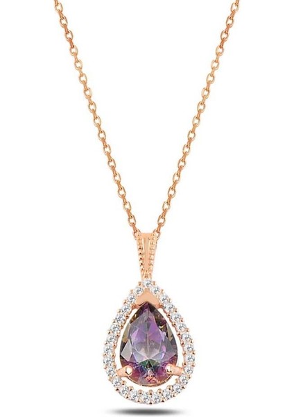 Mistik Topaz Taşlı Damla Model Rose Gümüş Kolye -Z3463